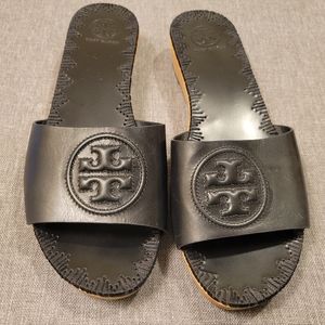 Tory Burch Patti Leather Low Wedge Slides Sandals Black Size 8.5